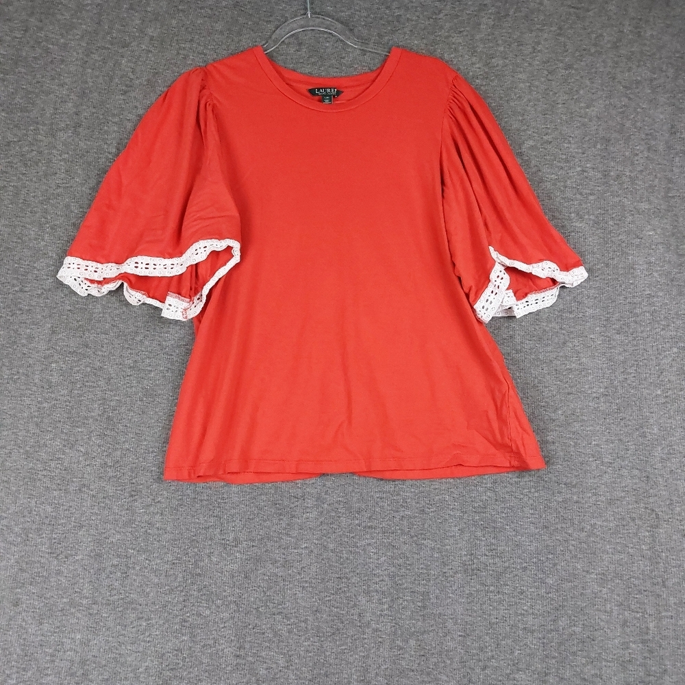 LAUREN RALPH LAUREN WOMENS RED ORANGE EYELET LACE TRIM BELL SLEEVE PEASANT TOP L